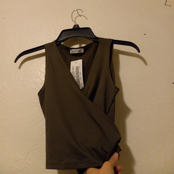 NWT Olive Green Cropped Jersey Wrap Top Y2K 90s One Size - Picture 12 of 12
